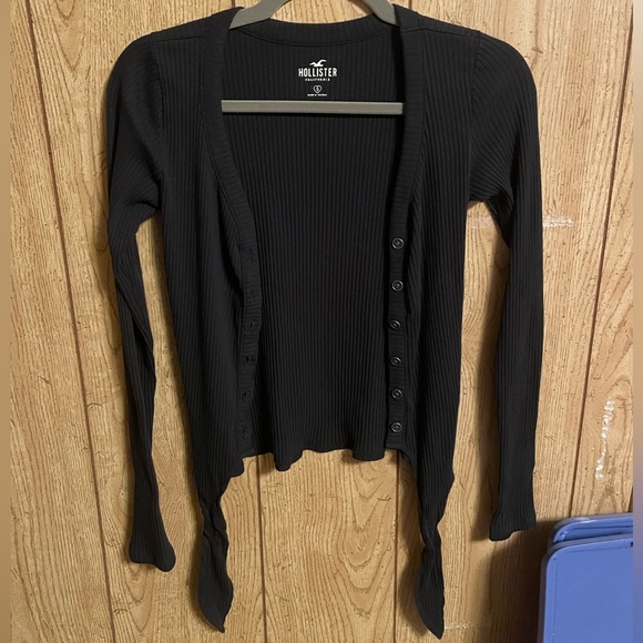 *NWOT* Hollister Small Black Ribbed Button Down Knot Tie Front Long Sleeve Top - Picture 3 of 9